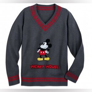 Disney Grey Mickey Mouse Varsity Striped V Neck Sweater Size XS